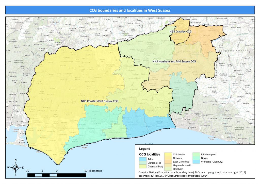 The Coastal West Sussex CCG covers the Chichester, Chanctonbury, Regis, Littlehampton, Worthing, and Adur localities. The Horsham and Mid Sussex CCG covers the Horsham, Haywards Heath, East Grinsted and Burgess Hill localities. The Crawley CCG covers the Crawley locality.